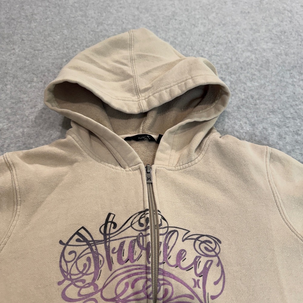Y2K Hurley Womens Zip Up Hoodie Tan Beige Purple Graphic Logo Skater - Picture 6 of 8